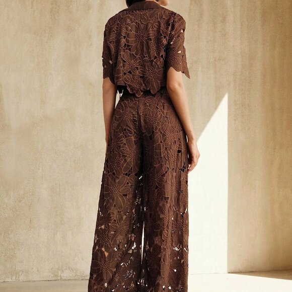 Brown Casual Women's Embroidered Top & Pants Set - Picture 3 of 7